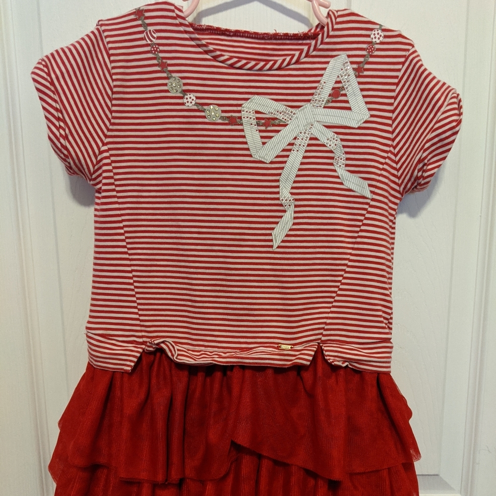 Girls Red & White Striped Dress with Ruffle Skirt